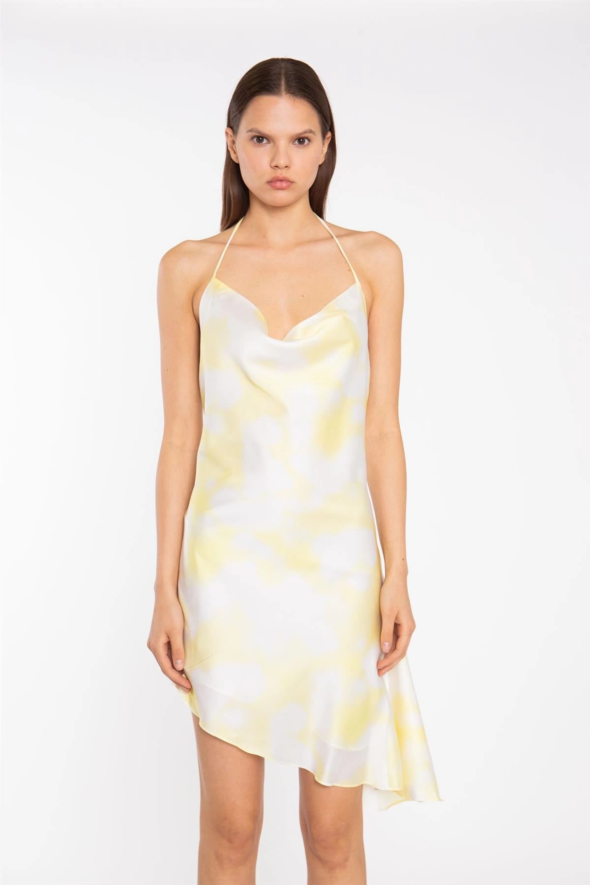 Yellow Print-Satin Asymmetric Cowl-Neck Mini-Dress